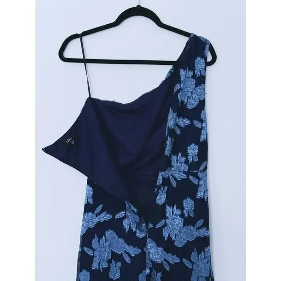 Lulus One Shoulder Floral Jacquard Maxi Dress Medium Navy Blue Wedding Guest - Picture 11 of 12